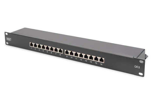 Naar omschrijving van DN-91616S-B - CAT 6, Class E patch panel, shielded, 16-port RJ45, 8P8C, LSA, 1U, rack mount, black, 482x44x109