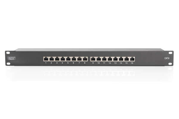 Naar omschrijving van DN-91616S-B - CAT 6, Class E patch panel, shielded, 16-port RJ45, 8P8C, LSA, 1U, rack mount, black, 482x44x109