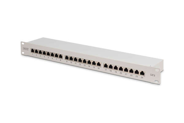 Naar omschrijving van DN-91624S - CAT 6 patch panel, shielded, 24-port RJ45, 8P8C, LSA, 1U, rack mount, grey, 482x44x109 mm