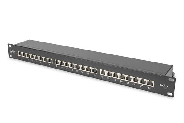 Naar omschrijving van DN-91624S-EA-B - CAT 6A Patch Panel, shielded, 1U, 24-port, 8P8C, bl RAL 9005, 483 mm (19