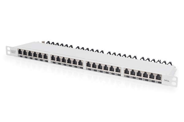 Naar omschrijving van DN-91624S-SL-EA-G - CAT 6A EA patch panel, shielded, 24-port RJ45 dust cover, 8P8C, 0.5U, grey RAL 7035