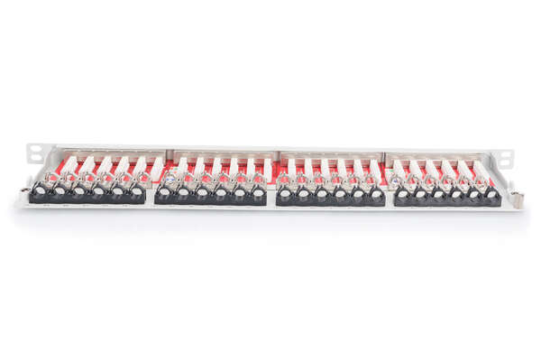 Naar omschrijving van DN-91624S-SL-EA-G - CAT 6A EA patch panel, shielded, 24-port RJ45 dust cover, 8P8C, 0.5U, grey RAL 7035
