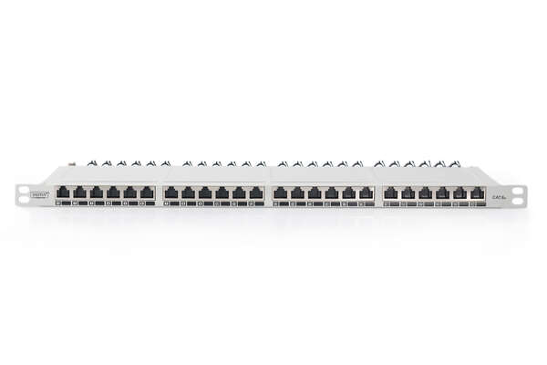 Naar omschrijving van DN-91624S-SL-EA-G - CAT 6A EA patch panel, shielded, 24-port RJ45 dust cover, 8P8C, 0.5U, grey RAL 7035