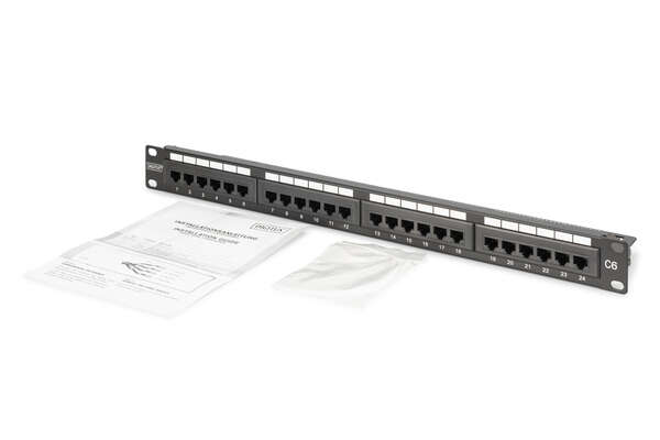 Naar omschrijving van DN-91624U-CR - DIGITUS CAT 6, Class E Patch Panel, unshielded 24-port RJ45, 8P8C, LSA, 1U, Rack Mount
