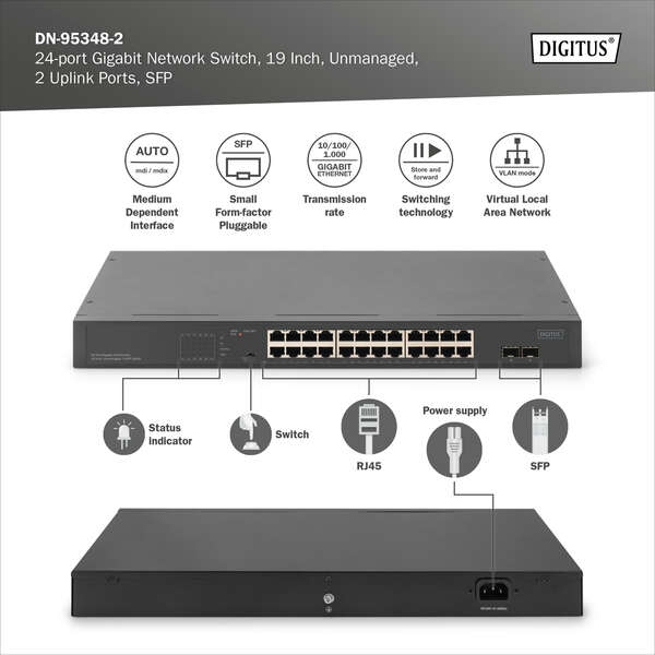 Naar omschrijving van DN-95348-2 - 24-Port Gigabit + 2-Port Gigabit SFP Unmanaged PoE Switch
