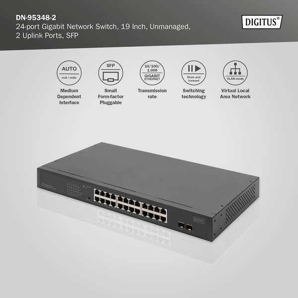 Naar omschrijving van DN-95348-2 - 24-Port Gigabit + 2-Port Gigabit SFP Unmanaged PoE Switch