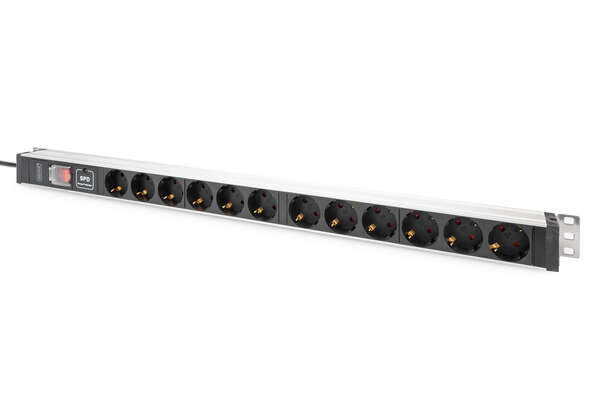 Naar omschrijving van DN-95435 - 1U Aluminum PDU, rackmountable, 12 x Safety outlet 16A, 230VAC, 50/60Hz, overvoltage, Switch