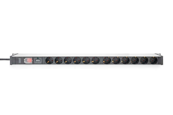 Naar omschrijving van DN-95435 - 1U Aluminum PDU, rackmountable, 12 x Safety outlet 16A, 230VAC, 50/60Hz, overvoltage, Switch