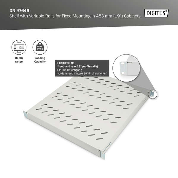 Naar omschrijving van DN-97646 - 1U fixed shelf for 800 mm depth racks 43x484x508 mm, adjust. up to 700 mm depth, grey