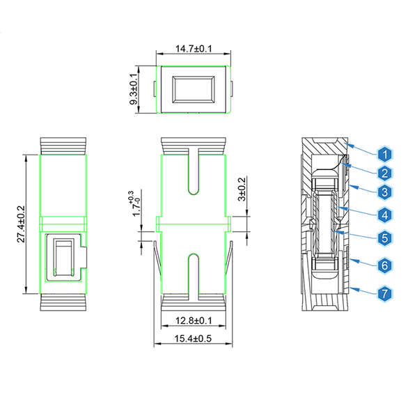 Naar omschrijving van FA01SC9 - Fiber Adapter SC Simplex, 12 pieces, without flange, green, internal laser protection
