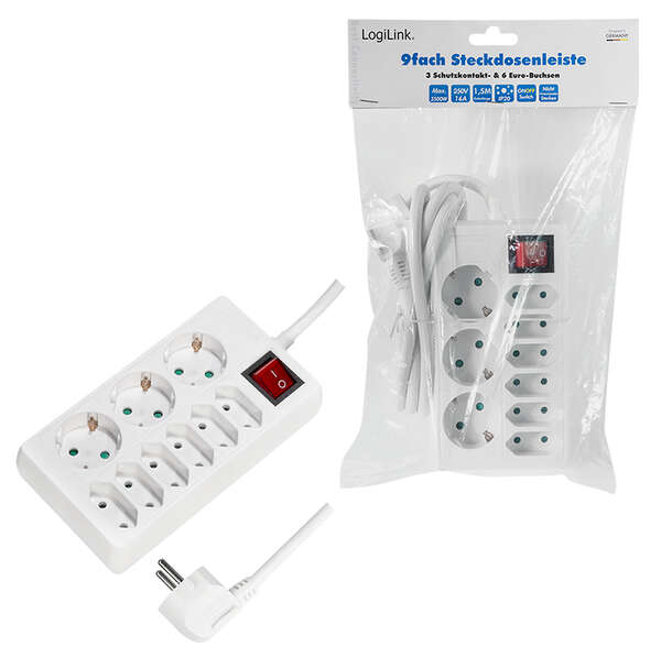 Naar omschrijving van LPS201 - Outlet Strip, 3 safety + 6 euro sockets, w/ switch, white