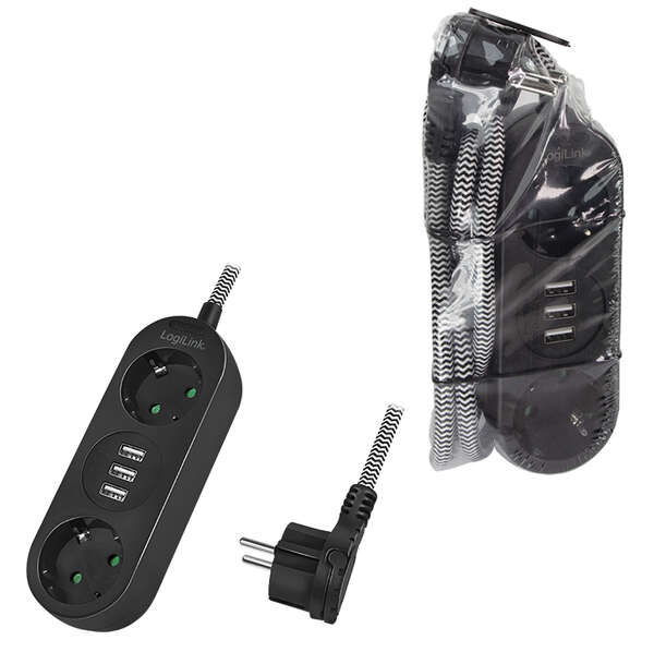 Naar omschrijving van LPS262U - Outlet Strip, 3 safety sockets, w/ 3x USB Port, w/ textile cable, black