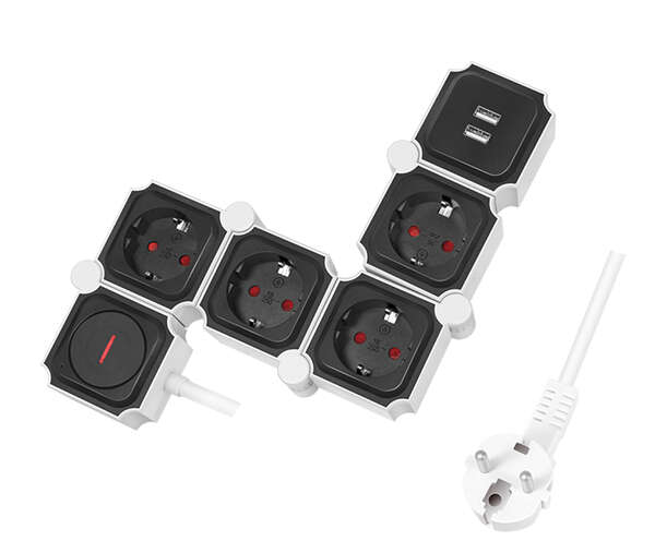 Naar omschrijving van LPS276U - Outlet Strip, 4 safety sockets, snake-shaped, 2x USB-A, white/black