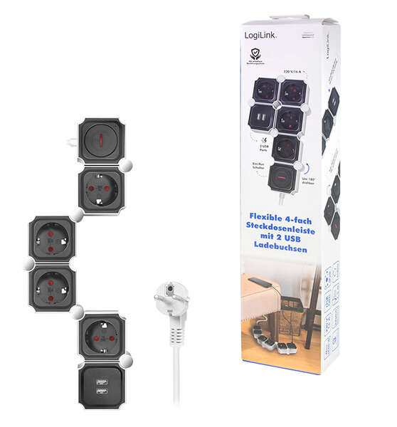 Naar omschrijving van LPS276U - Outlet Strip, 4 safety sockets, snake-shaped, 2x USB-A, white/black