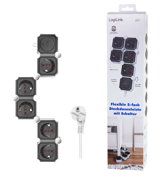 Naar omschrijving van LPS277 - Outlet Strip, 5 safety sockets, snake-shaped, white/black