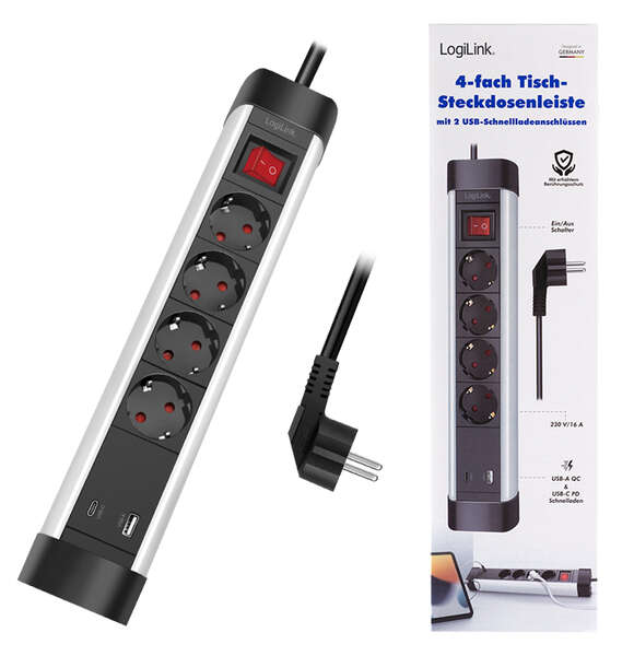 Naar omschrijving van LPS278U - Outlet Strip, 4 safety sockets, w/ USB-A & USB-C Port, aluminum, desktop