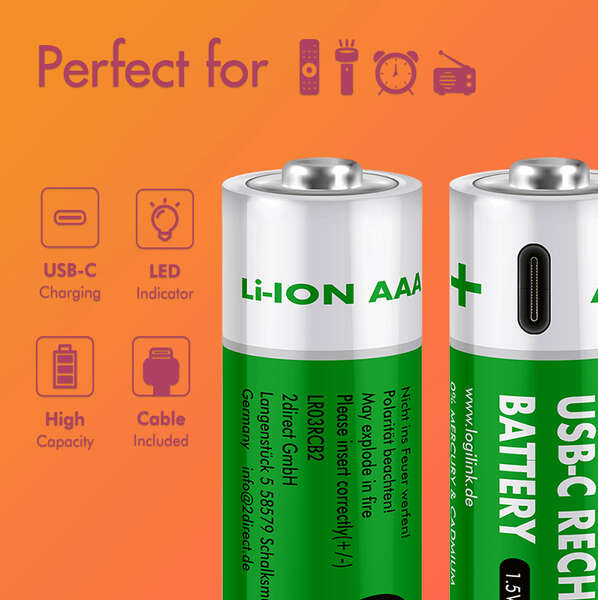 Naar omschrijving van LR03RCB2 - Battery, Rechargeable over USB-C, Li, AAA, 2pcs. Blister