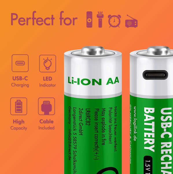 Naar omschrijving van LR6RCB2 - Battery, Rechargeable over USB-C, Li, AA, 2pcs. Blister