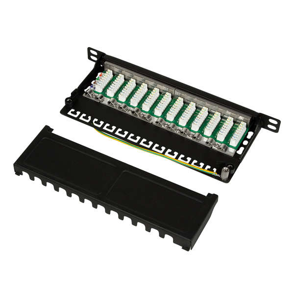 Naar omschrijving van NP0066 - Mini-Patchpanel STP 12xRJ45 Cat.6A, 10inch 0,5U, black