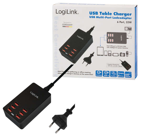 Naar omschrijving van PA0139 - USB Table Charger, 6 Port, USB-AF, 32W, black
