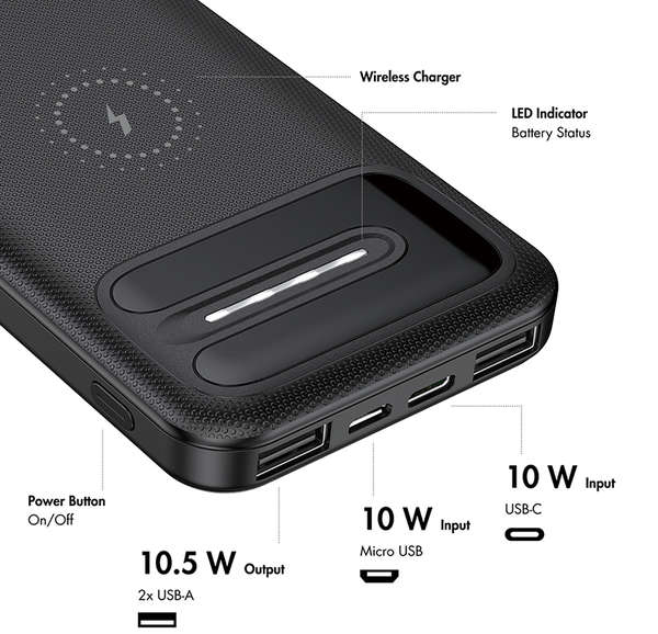 Naar omschrijving van PA0305 - Mobile Power Bank, LiPo, 8.000mAh, wireless charging, black