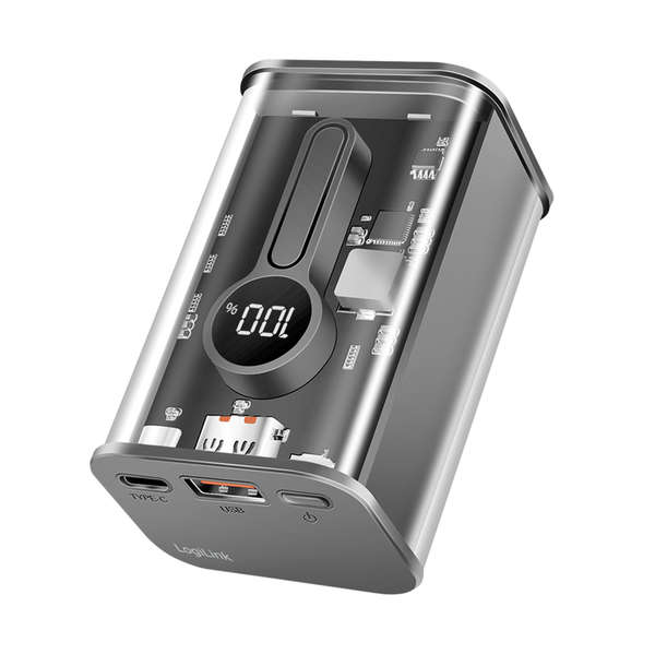 Naar omschrijving van PA0306 - Power bank 10000 mAh, 1x USB-A, 1x USB-C, with display, PD & QC, transp.