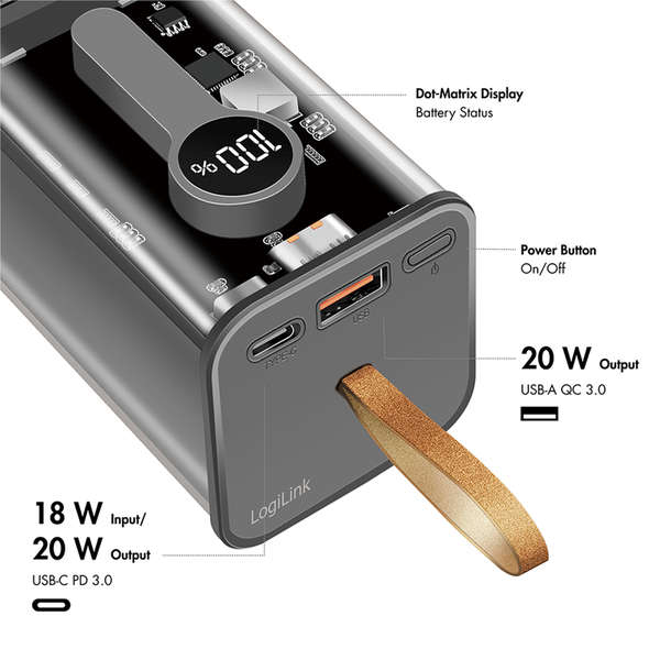 Naar omschrijving van PA0307 - Power bank 20000 mAh, 1x USB-A, 1x USB-C, with display, PD & QC, transp.