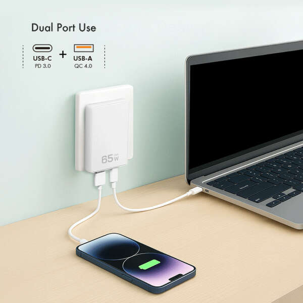 Naar omschrijving van PA0368 - USB-A/C charger, 65 W, GaN, 2-port, 1x USB-A (QC), 1x USB-C (PD), Slim Version,  White