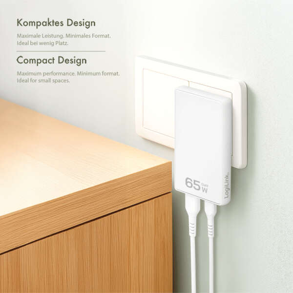 Naar omschrijving van PA0368 - USB-A/C charger, 65 W, GaN, 2-port, 1x USB-A (QC), 1x USB-C (PD), Slim Version,  White
