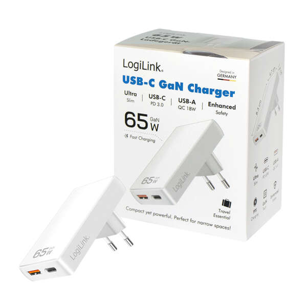 Naar omschrijving van PA0368 - USB-A/C charger, 65 W, GaN, 2-port, 1x USB-A (QC), 1x USB-C (PD), Slim Version,  White