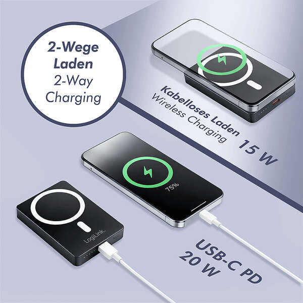 Naar omschrijving van PA0391 - Magnetic Power Bank, 10.000 mAh, USB-C, PD 20 W, w/stand, black