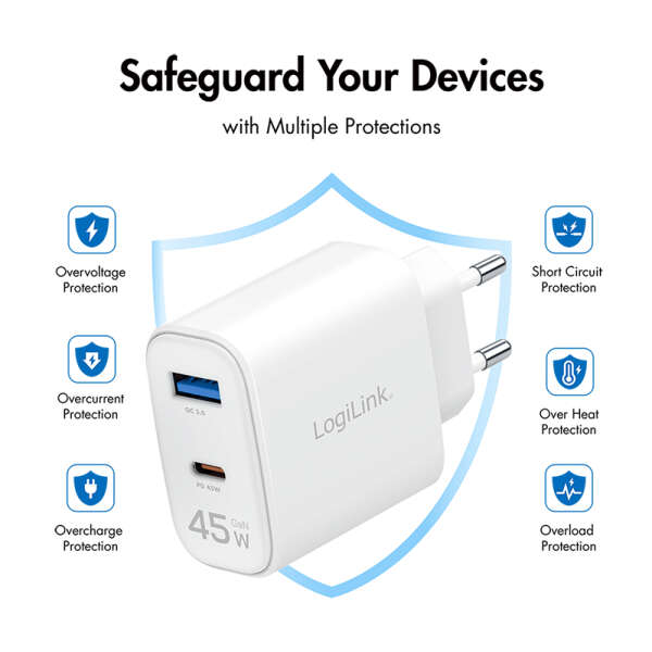 Naar omschrijving van PA0410 - USB Wall Charger, GaN, 2port, USB-AF & USB-CF, 45W, w/PD, white