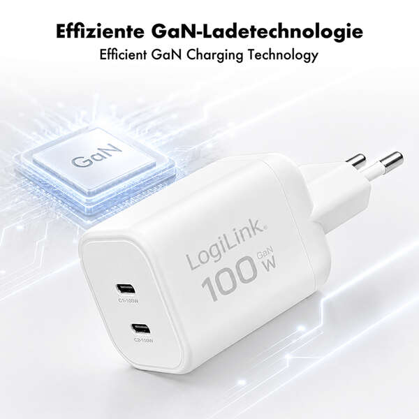 Naar omschrijving van PA0422 - USB-C charger, 100 W, GaN, 2-port, 2x USB-C (PD),  White