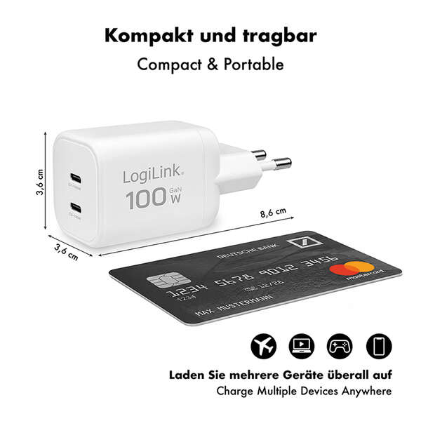 Naar omschrijving van PA0422 - USB-C charger, 100 W, GaN, 2-port, 2x USB-C (PD),  White