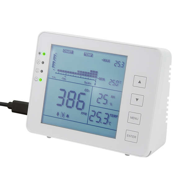 Naar omschrijving van SC0115 - CO2 meter met indicator op drie niveaus temperatuur en vochtigheidsweergave