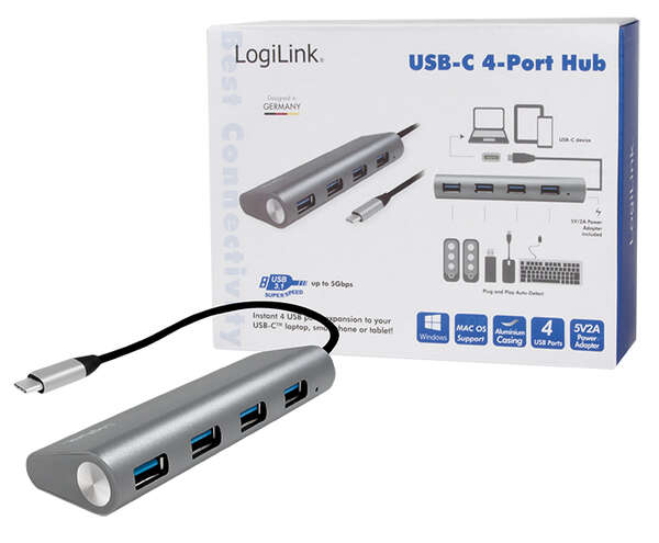 Naar omschrijving van UA0309 - USB 3.2 Gen1x1 USB-C 4-port hub, with aluminum casing