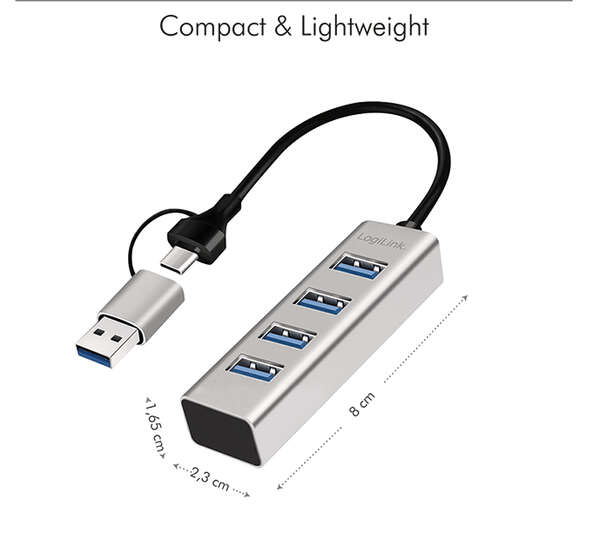 Naar omschrijving van UA0455 - USB 3.1  Hub, 4-port, USB-A+C, aluminum, grey