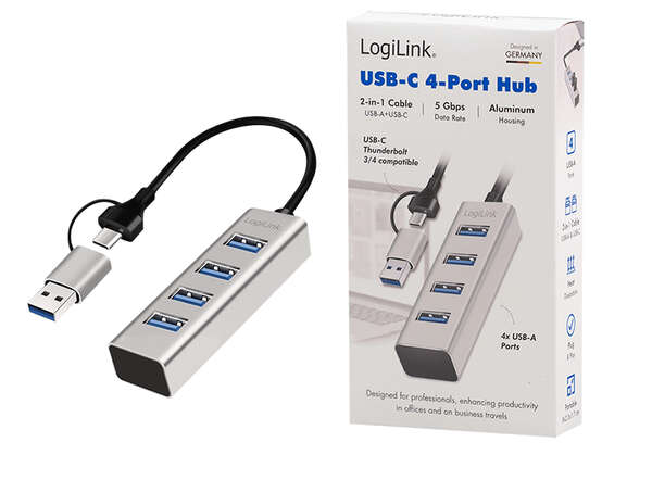 Naar omschrijving van UA0455 - USB 3.1  Hub, 4-port, USB-A+C, aluminum, grey