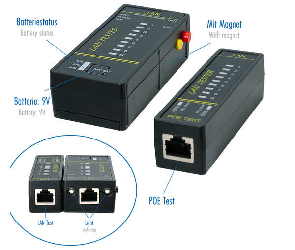 Naar omschrijving van WZ0080 - Cable Tester LANtest & PoE Finder with magnet & lighting